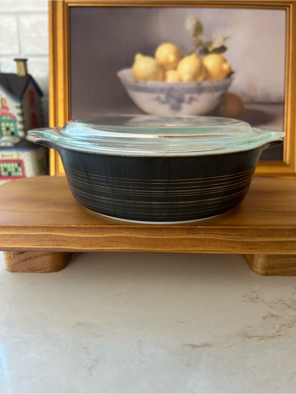 Vintage Pyrex Terra Black Brown Gold Stripe Casserole Dish w/ 470-C Lid MCM